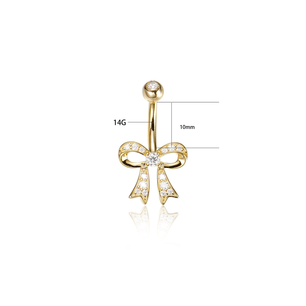 worn on model - 14K solid gold lab diamond ribbon detail for navel piercing belly button ring 14g nickel-free