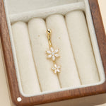 14K Solid Gold Marquise Labs Diamond Flower Dangle Belly Button Ring 14G