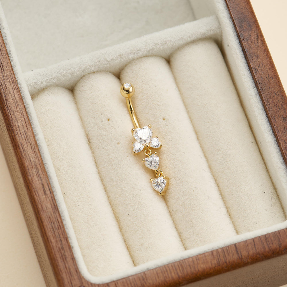 side angle of 14K solid gold lab diamond heart-shaped for navel piercing belly button ring 14g nickel-free