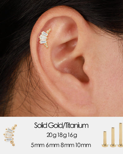 14K Solid Gold Baguette Lab Diamond Curved Cartilage Flat Back Stud Earring