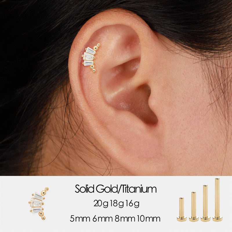 14K Solid Gold Baguette Lab Diamond Curved Cartilage Flat Back Stud Earring
