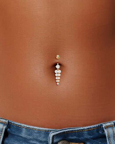 14K Solid Gold Round Lab Diamond Dangle Belly Button Ring 16G
