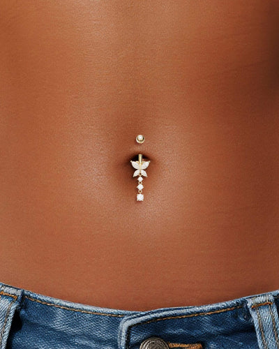 14G 14K Solid Gold Lab Diamond Barbell Dangle Belly Button Jewelry