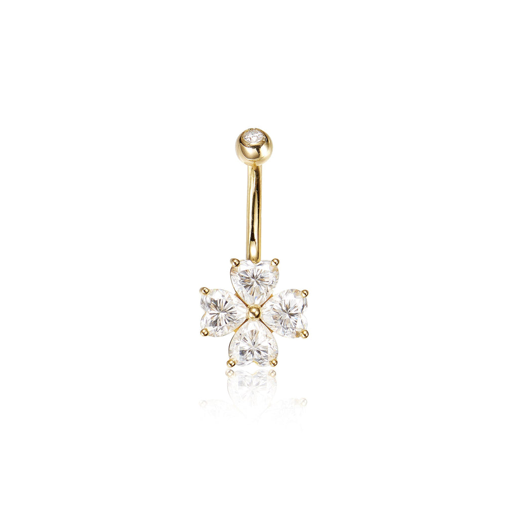 side angle of 14K solid gold lab diamond floral for navel piercing belly button ring 14g nickel-free