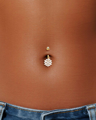 14K Solid Gold Marquise Lab Diamond Flower Barbell Belly Button Jewelry 14G