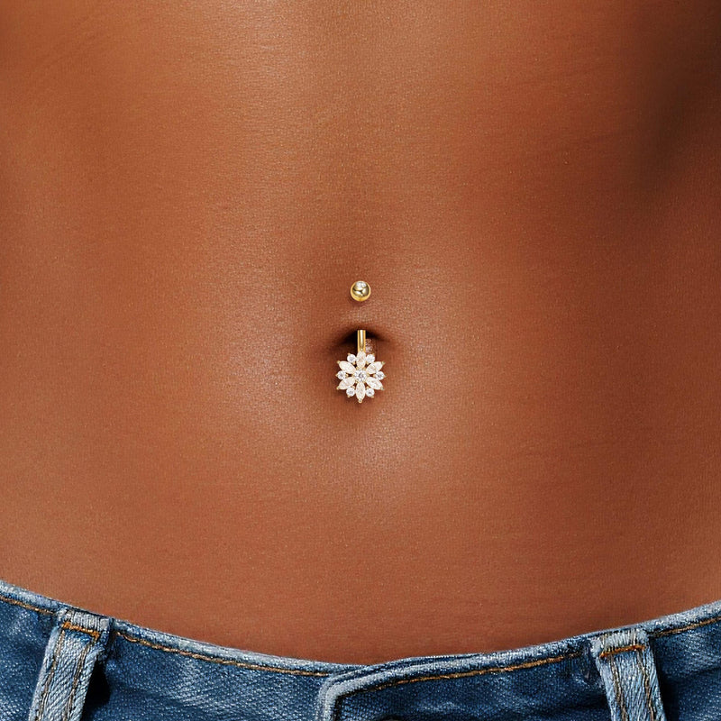 14K Solid Gold Marquise Lab Diamond Flower Barbell Belly Button Jewelry 14G