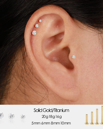 14K Solid Gold Invisible Set Lab Diamond Flat Back Earring :Threadless Labret