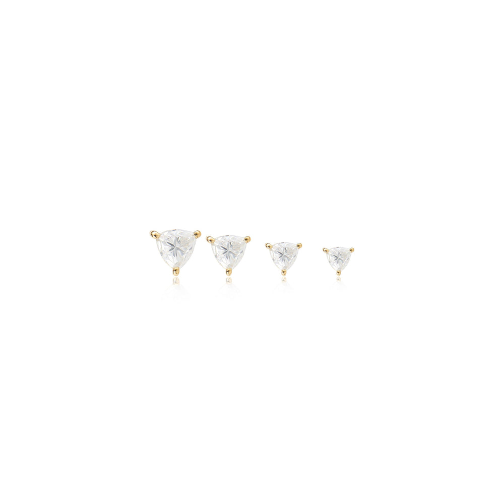 side angle of 14K solid gold triangle lab diamond flat back stud earring threadless design nickel-free