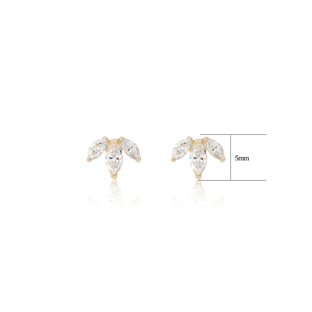 worn on model - 14K solid gold marquise-cut lab diamond flat back stud earring threadless design nickel-free