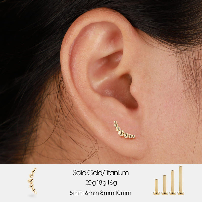 14K Solid Gold Bubble Curved Threadless Cartilage Flat Back Stud Earring