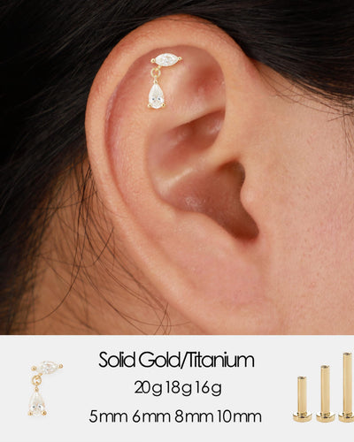 14K Solid Gold Lab Diamond Cartilage Dangle Earring Threadless Push Pin Flat Back Stud