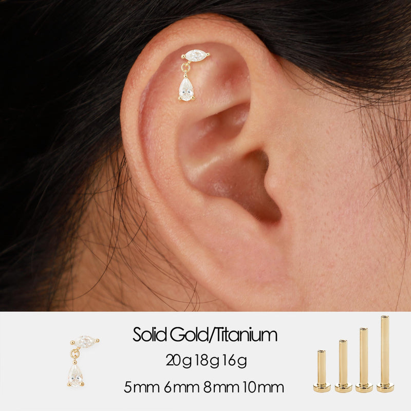 14K Solid Gold Lab Diamond Cartilage Dangle Earring Threadless Push Pin Flat Back Stud