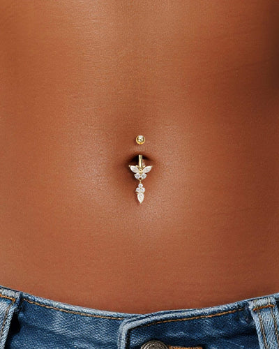 14K Solid Gold Round Lab Diamond Bar bell Dangle Belly Button Ring