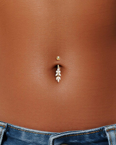 14K Solid Gold Marquise Lab Grown Diamond Wheat Belly Button Ring 14G