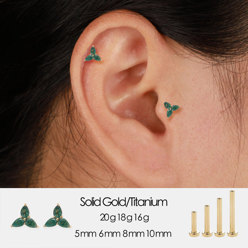 14K Solid Gold Pear Shaped Moss Agate Threadless Flat Back Earring