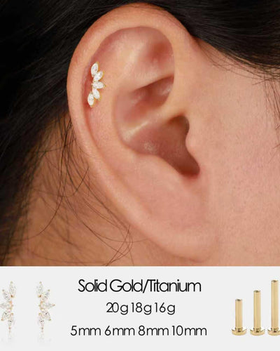 14K Solid Gold Marquise Lab Diamond Helix Stud Threadless Flat Back Earring
