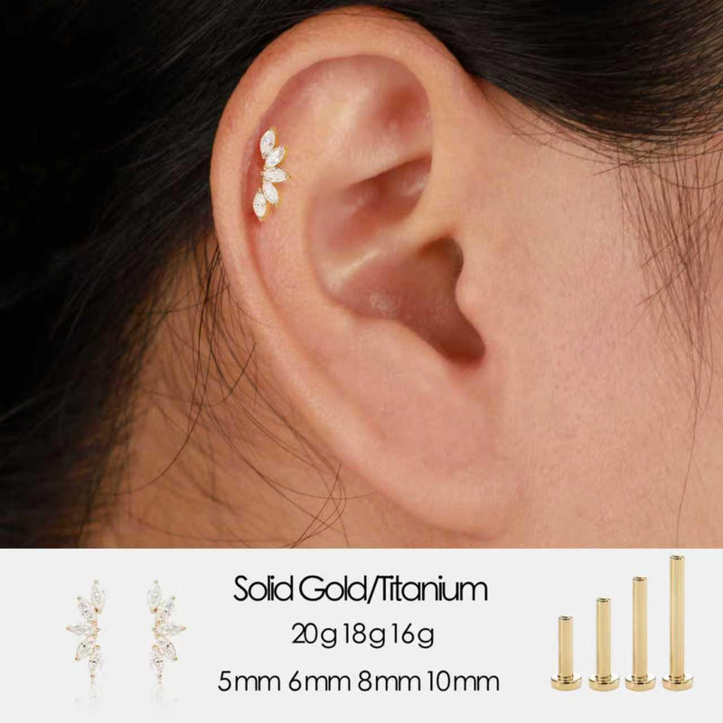 14K Solid Gold Marquise Lab Diamond Helix Stud Threadless Flat Back Earring