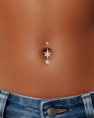 14K Solid Gold Marquise Labs Diamond Flower Dangle Belly Button Ring 14G