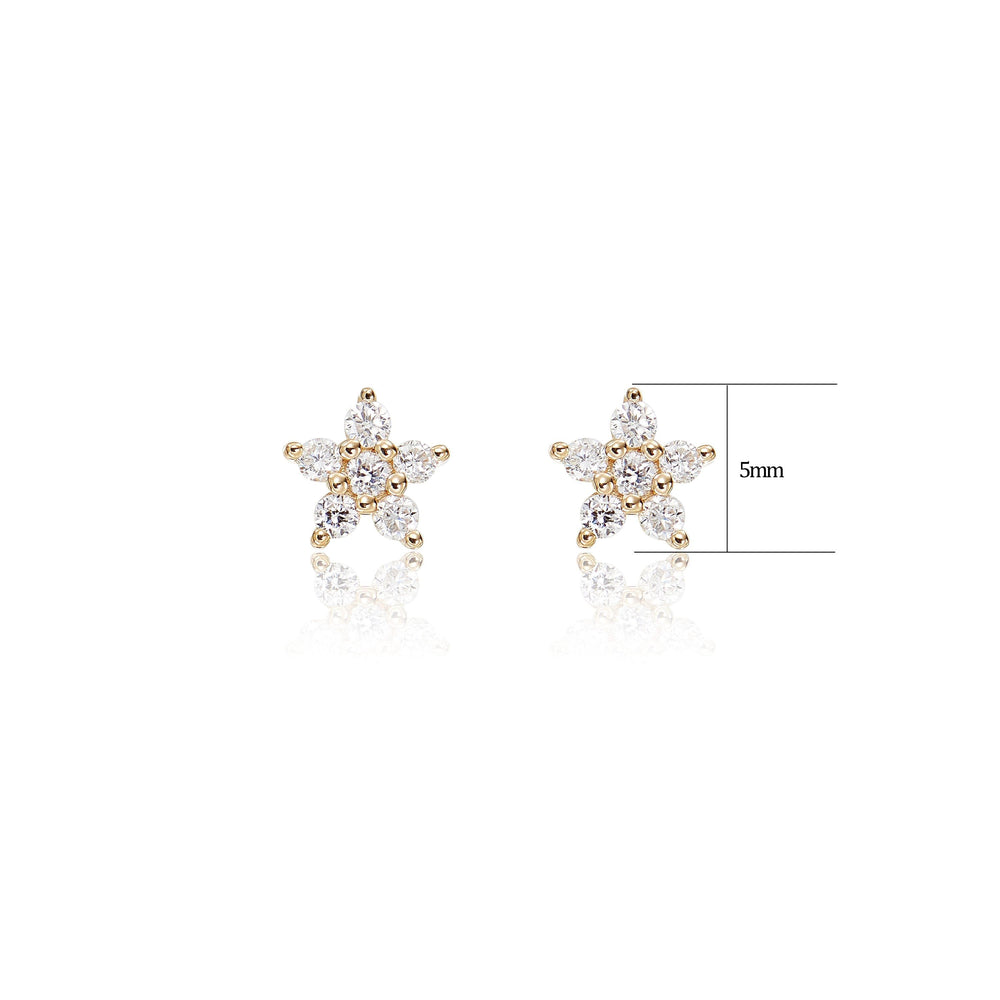 worn on model - 14K solid gold lab diamond floral flat back stud earring push pin design 20g nickel-free