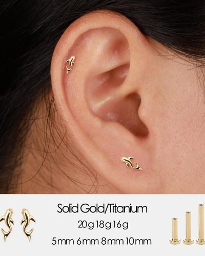 14k Solid Gold Dolphin Threadless Push Pin Flat Back Stud Earring
