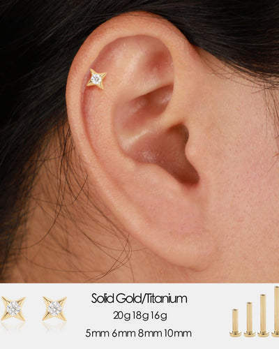 14K Solid Gold Star Threadless Flat Back Earring