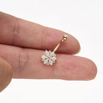 14K Solid Gold Marquise Lab Diamond Flower Barbell Belly Button Jewelry 14G