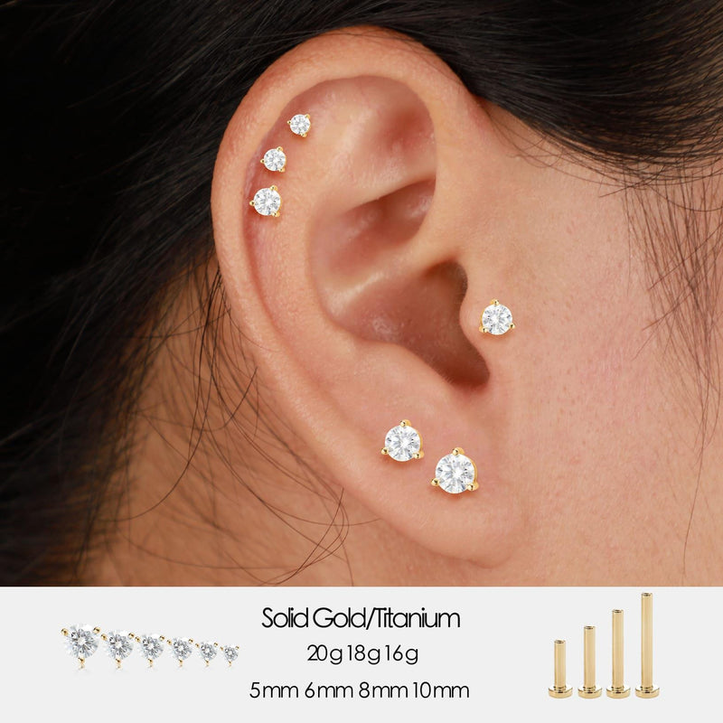 14K Solid Gold Single Diamond Cartilage Flat Back Stud Earring