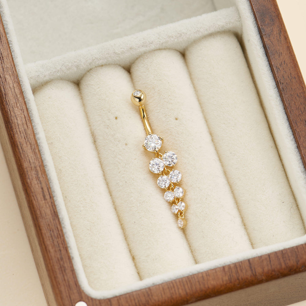 side angle of 14K solid gold round lab diamond for navel piercing belly button ring 16g nickel-free